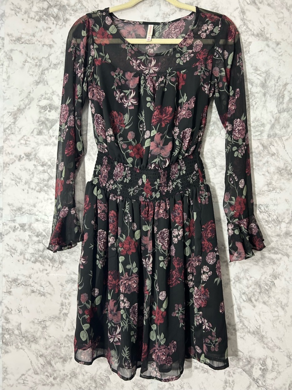 Xhilaration Black Floral Long-Sleeve Smocked Waist Dress